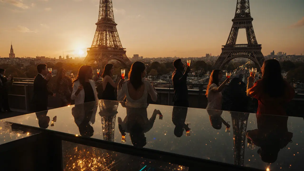 People enjoying cocktails on a rooftop bar with the Eiffel Tower glowing in the background.