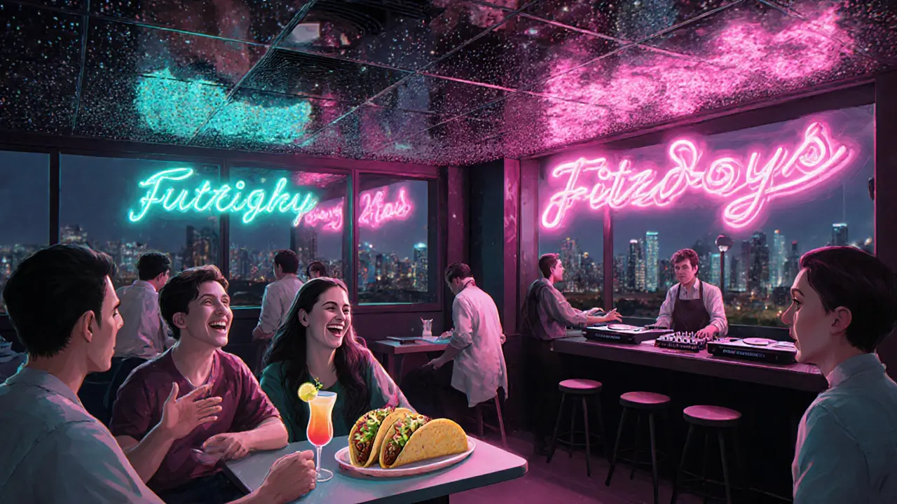 People enjoying tacos and cocktails in a glittering retro-futuristic nightclub
