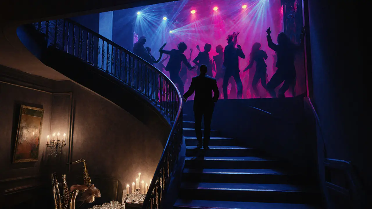 Person walking up stairs between calm lounge and vibrant dance party at midnight.