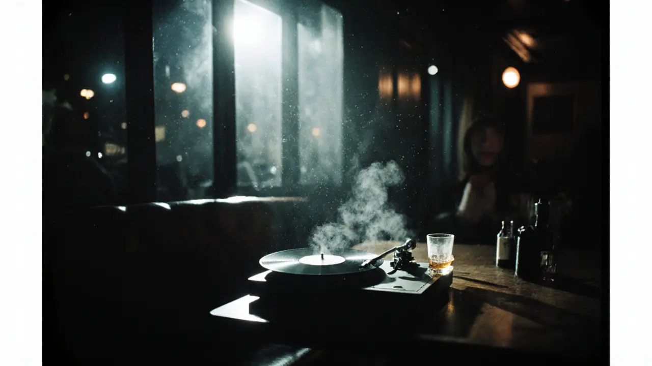 Quiet lounge at 3 a.m. with vinyl record playing, whiskey glass, and moonlight through windows.