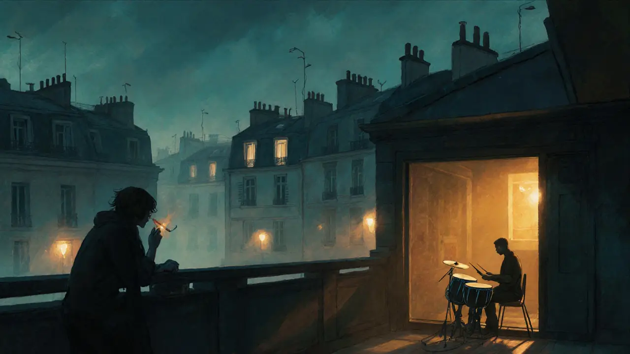 Quiet terrace at night with city rooftops, a person smoking, and a drummer playing hand drums in shadow.