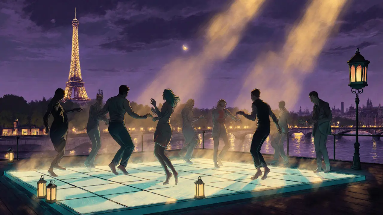 Rooftop party above the Seine with Eiffel Tower in background, people dancing under soft lights.
