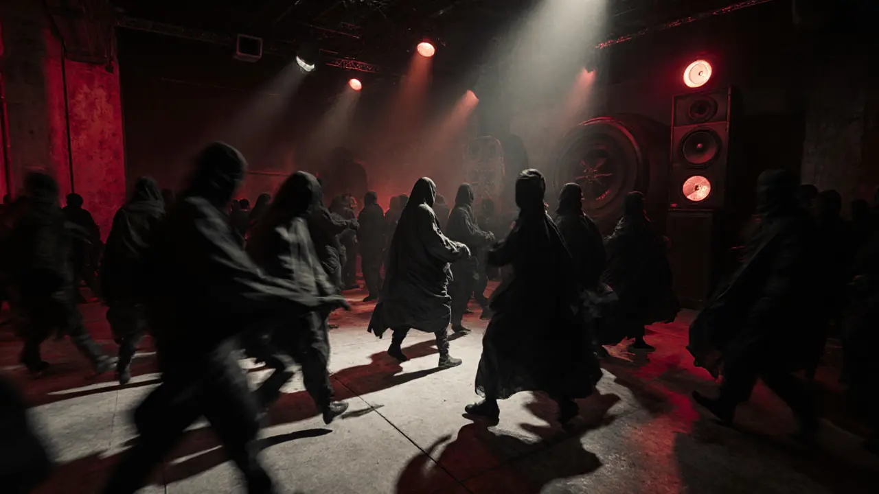 Silhouettes of dancers moving in sync under industrial lighting, no faces visible, deep tones dominate.