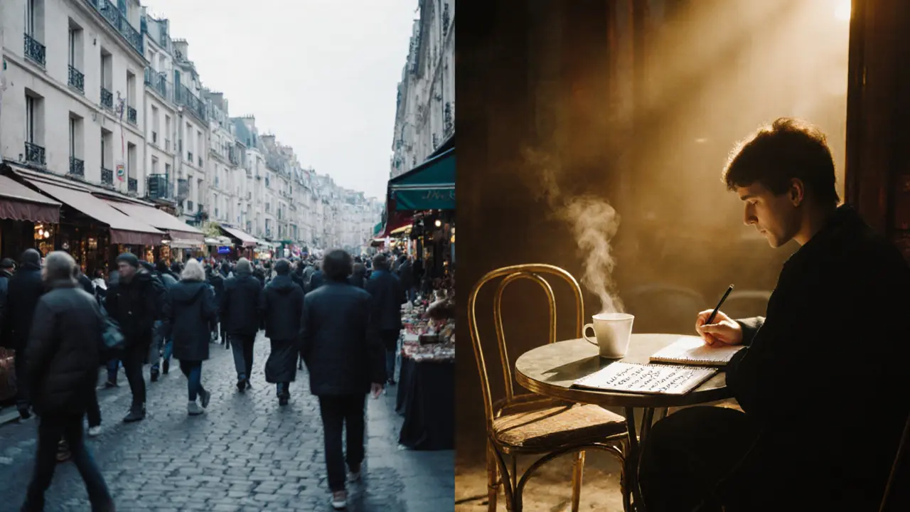 Split image: chaotic crowded street on one side, solitary figure at a quiet café table with an empty chair on the other.