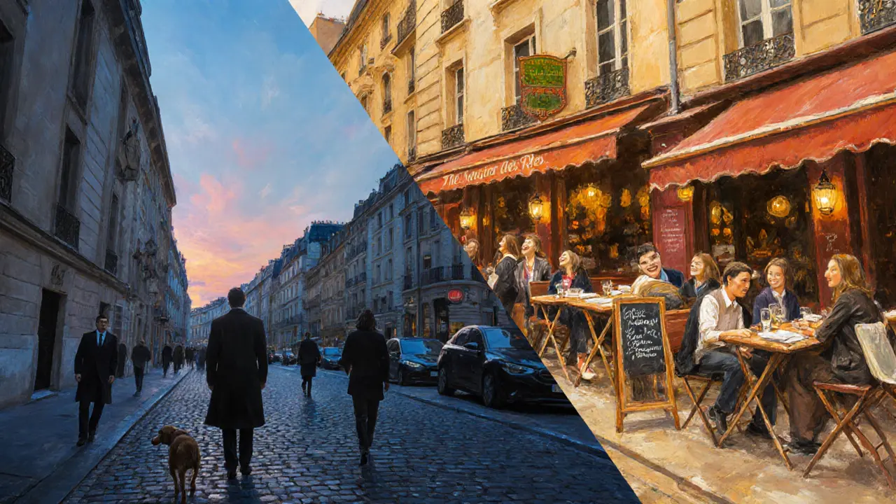 Split view: quiet Matignon on one side, lively Saint-Germain cafés on the other, golden hour contrast.