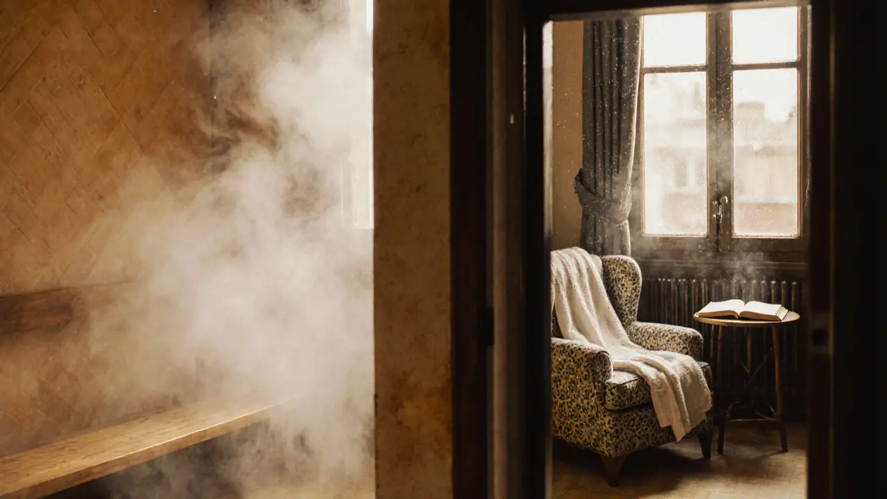 Steam rising in a small room with a wooden bench, while a cozy lounge with an open book and towel waits nearby.