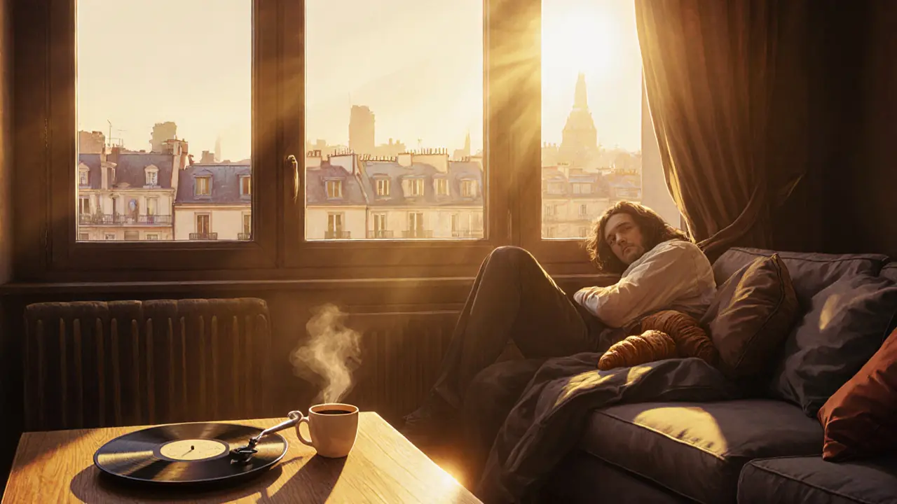 Sunrise lounge with coffee, croissants, and vinyl record playing as soft morning light enters the room.