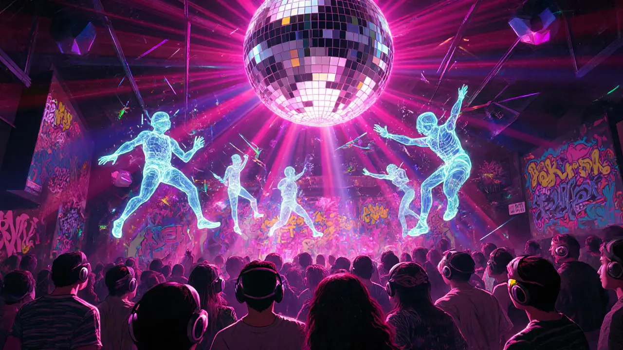 Surreal rave scene with floating neon lights and holographic dancers in a dark club.