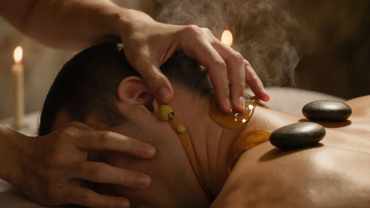 Therapist&#039;s hands gently pressing on the neck and shoulders of a relaxed client during a sleep-focused massage.