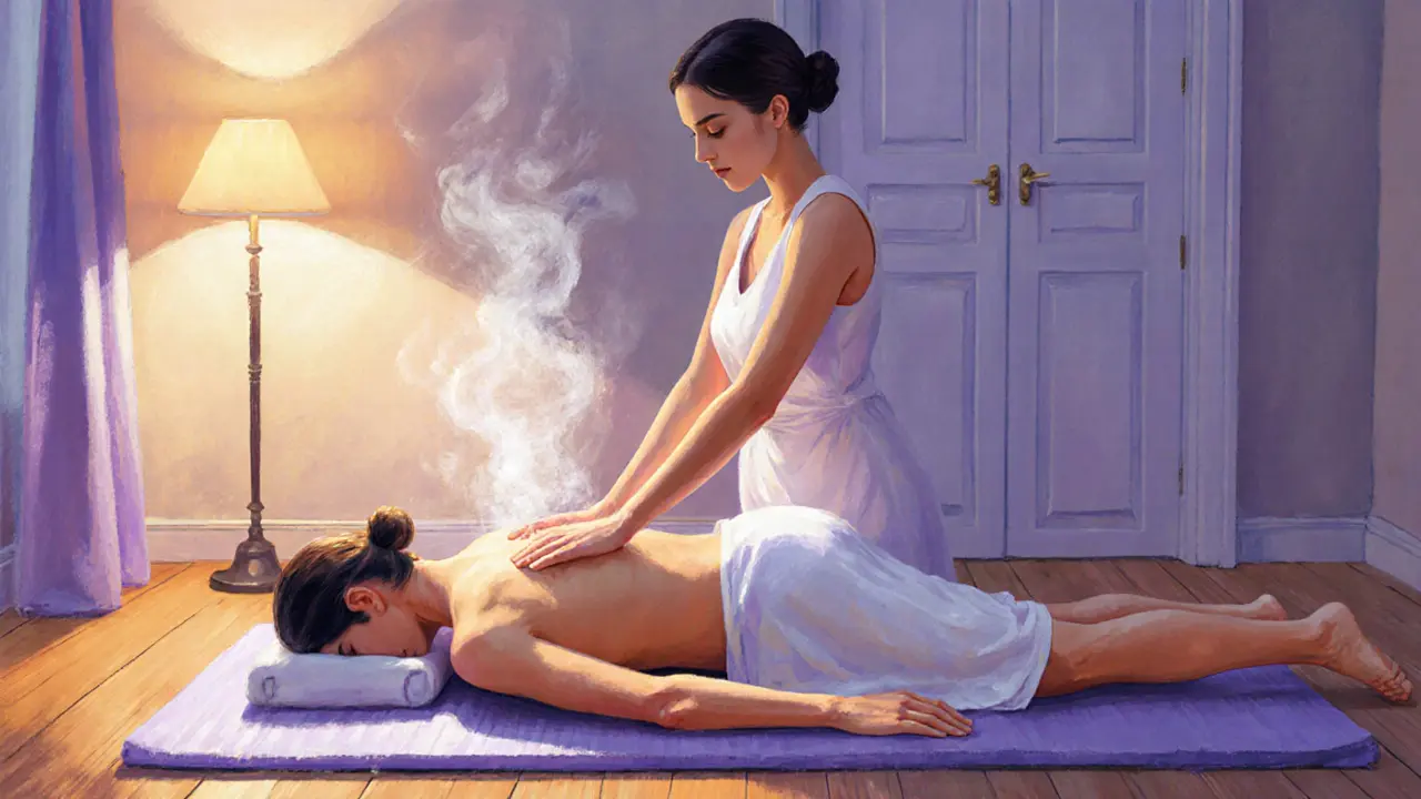 Therapist using deep tissue and stretching techniques during a personalized massage session in a quiet Paris room.