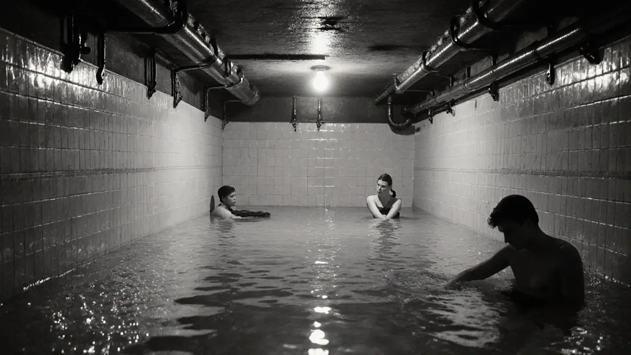 Three people silently soaking in a long, tiled communal bath with high ceilings and exposed pipes.