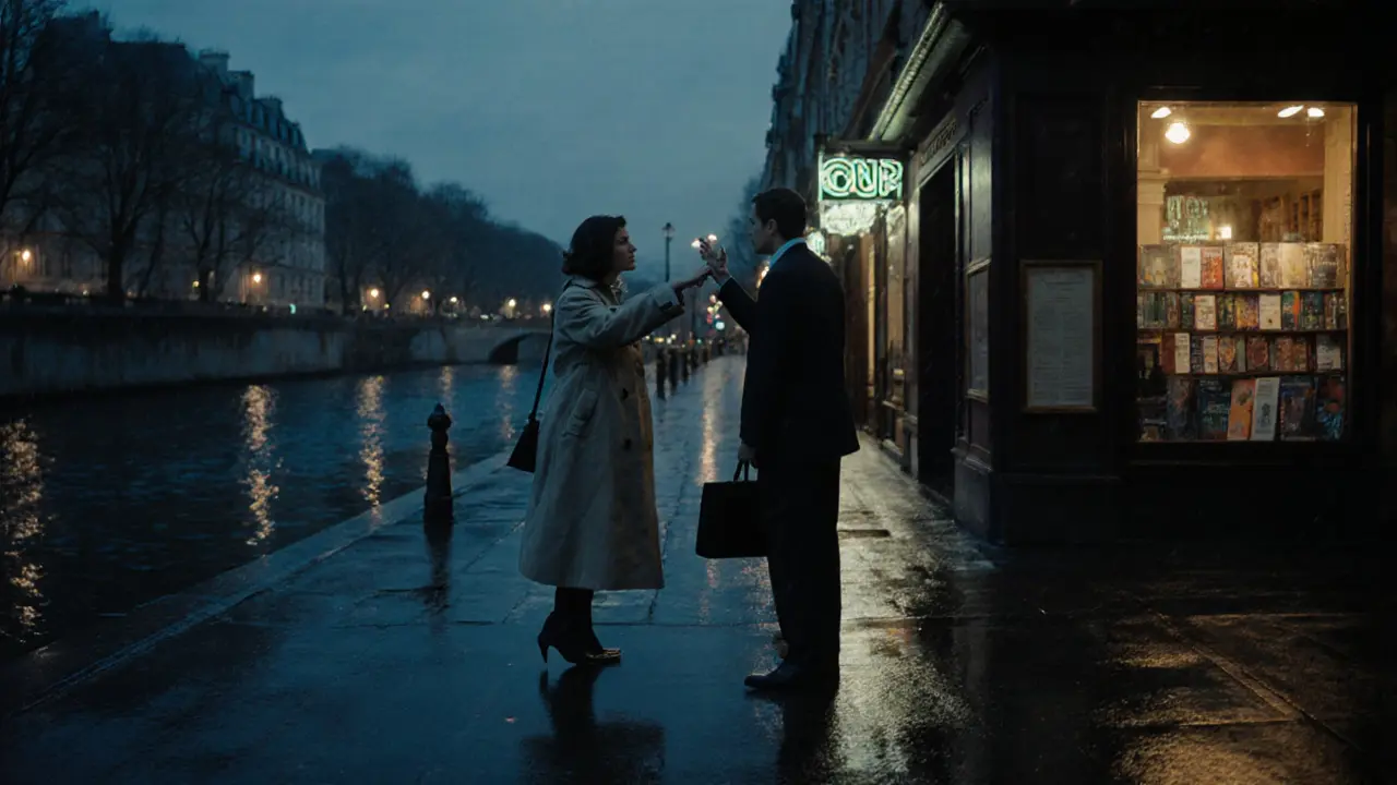 Two figures part ways on a rainy Paris street, their connection implied through subtle body language.