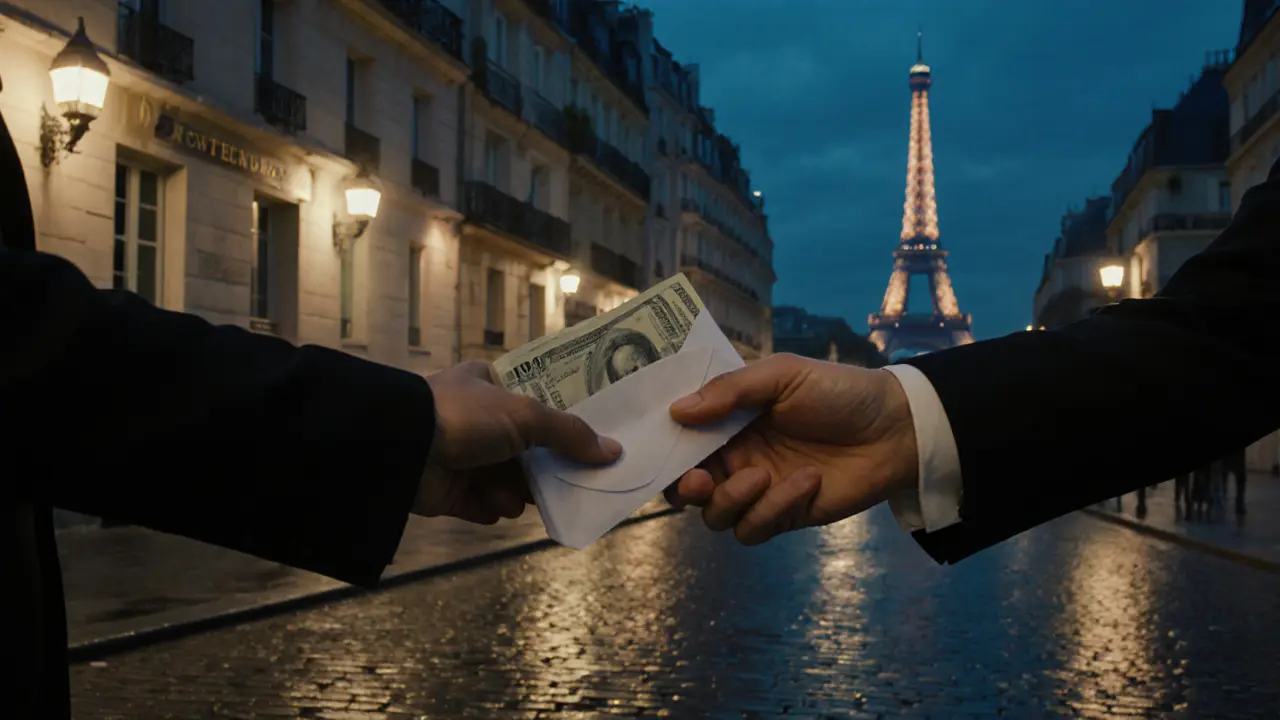 Two hands exchange cash in a quiet Paris street at night, no faces visible, Eiffel Tower in distance.