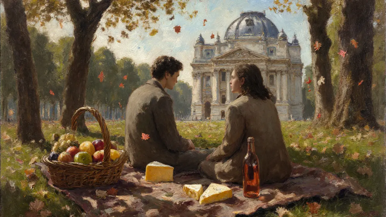 Two people enjoy a peaceful picnic in Luxembourg Gardens with cheese, fruit, and wine, the Panthéon visible in the distance.