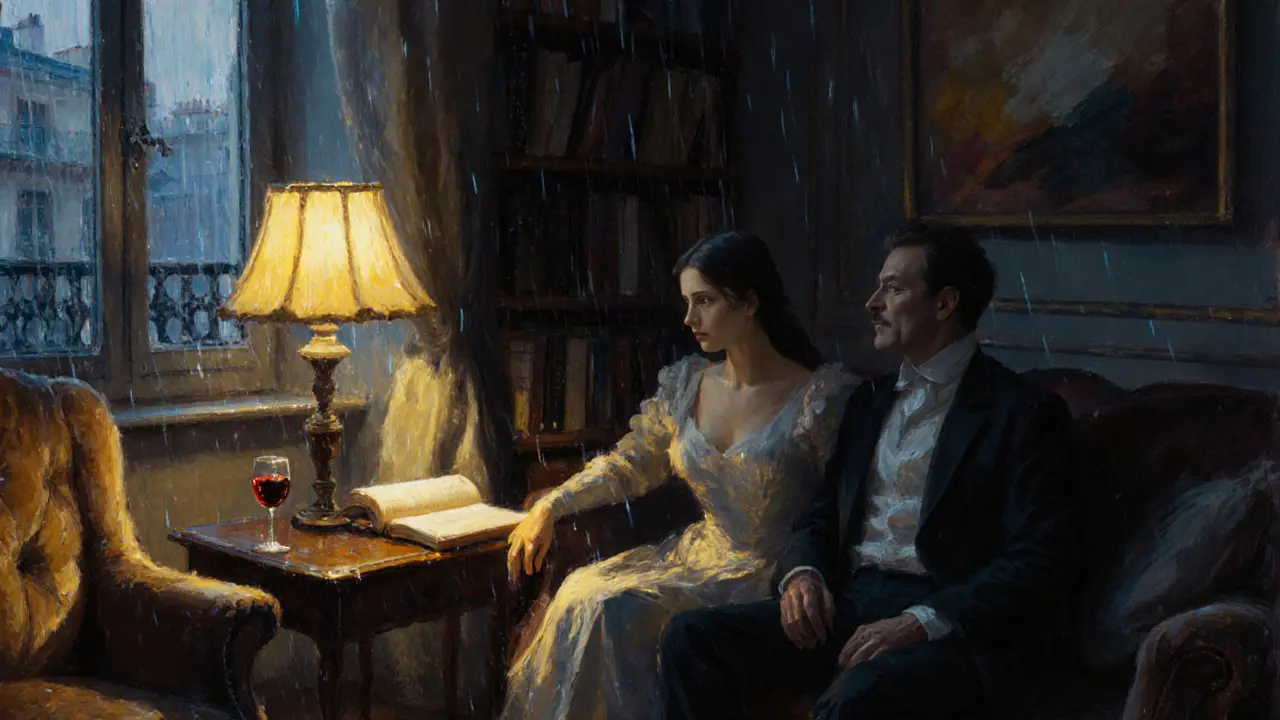 Two people sit quietly in a cozy Parisian apartment, lamplight glowing on books and wine as rain taps the window.