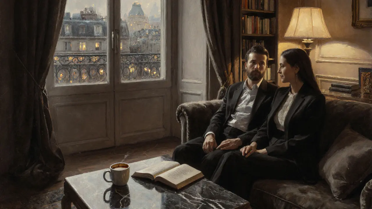 Two people sit quietly together on a sofa in a luxurious Paris apartment, city lights visible through the window.