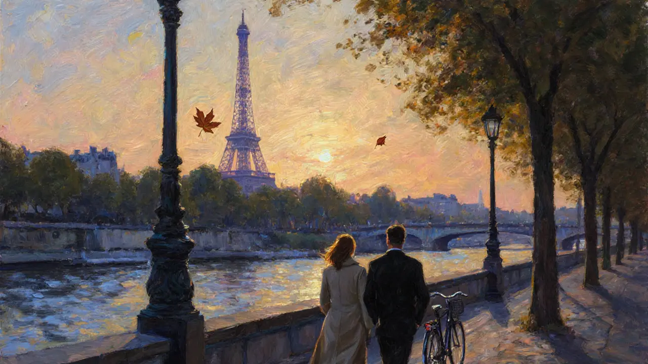 Two people walk calmly along the Seine at sunset, the Eiffel Tower glowing softly in the distance.