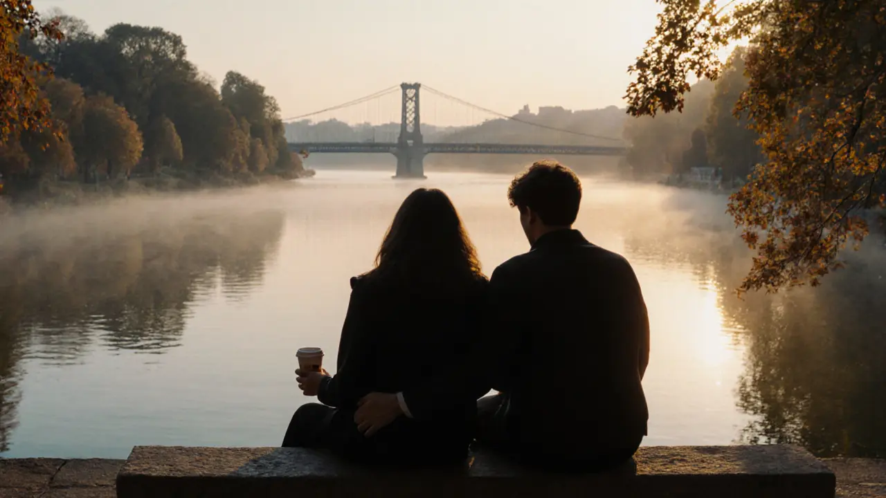Two silhouetted figures sit quietly together on a park bench at sunset, overlooking a misty lake in Paris.