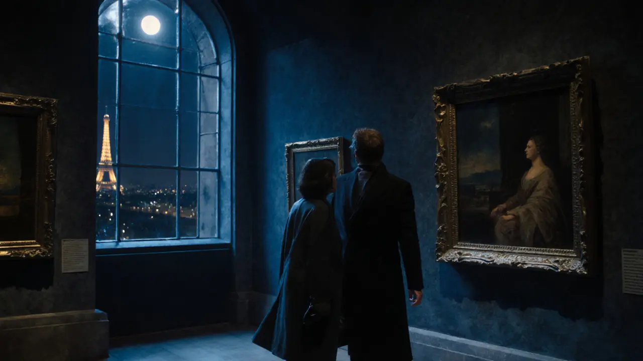 Two silhouettes enjoying a private museum tour after hours, illuminated by moonlight and art.