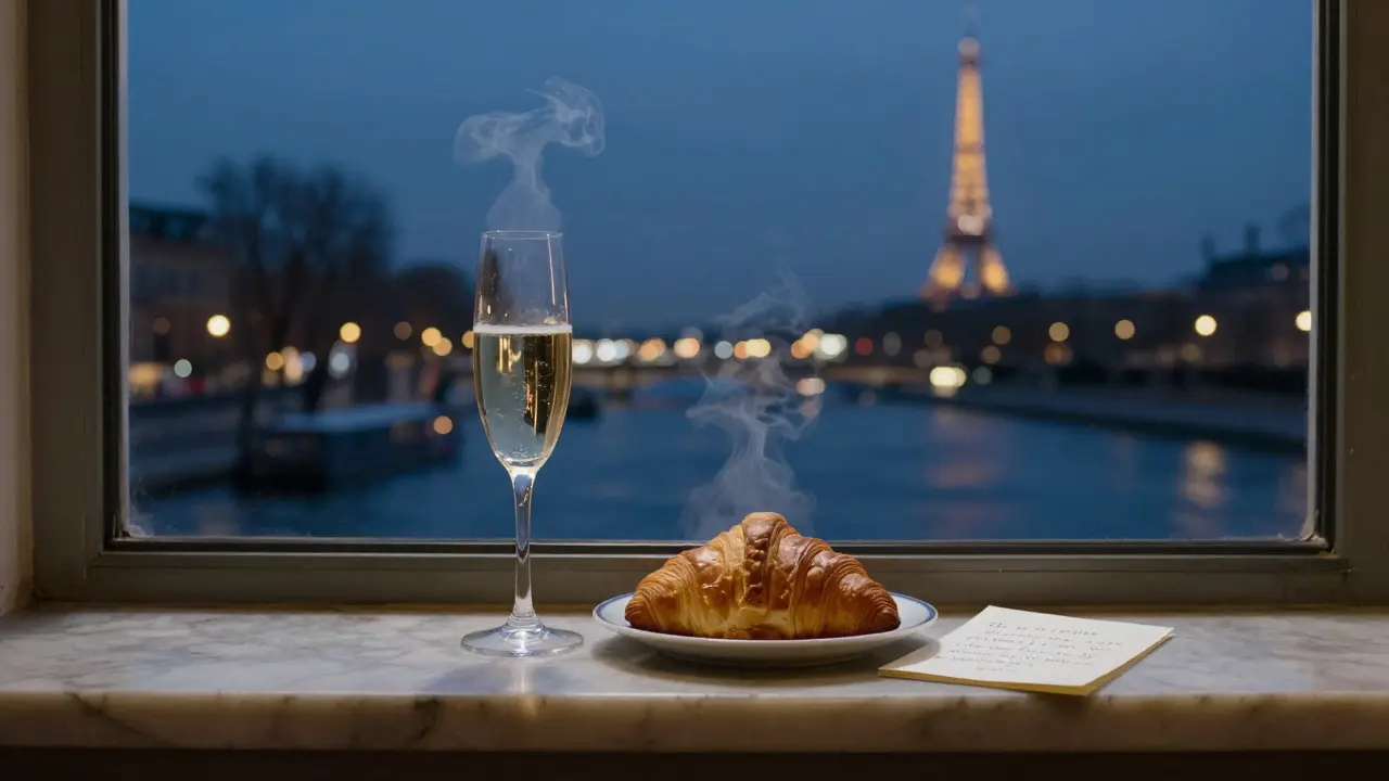 A champagne glass and croissant on a windowsill with the Eiffel Tower glowing in the distance.