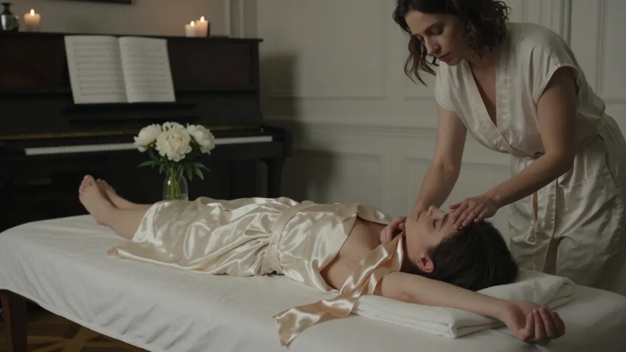 A client lies peacefully on a silk-draped bed as a model gently touches their arm with a silk scarf, candlelight glowing nearby.