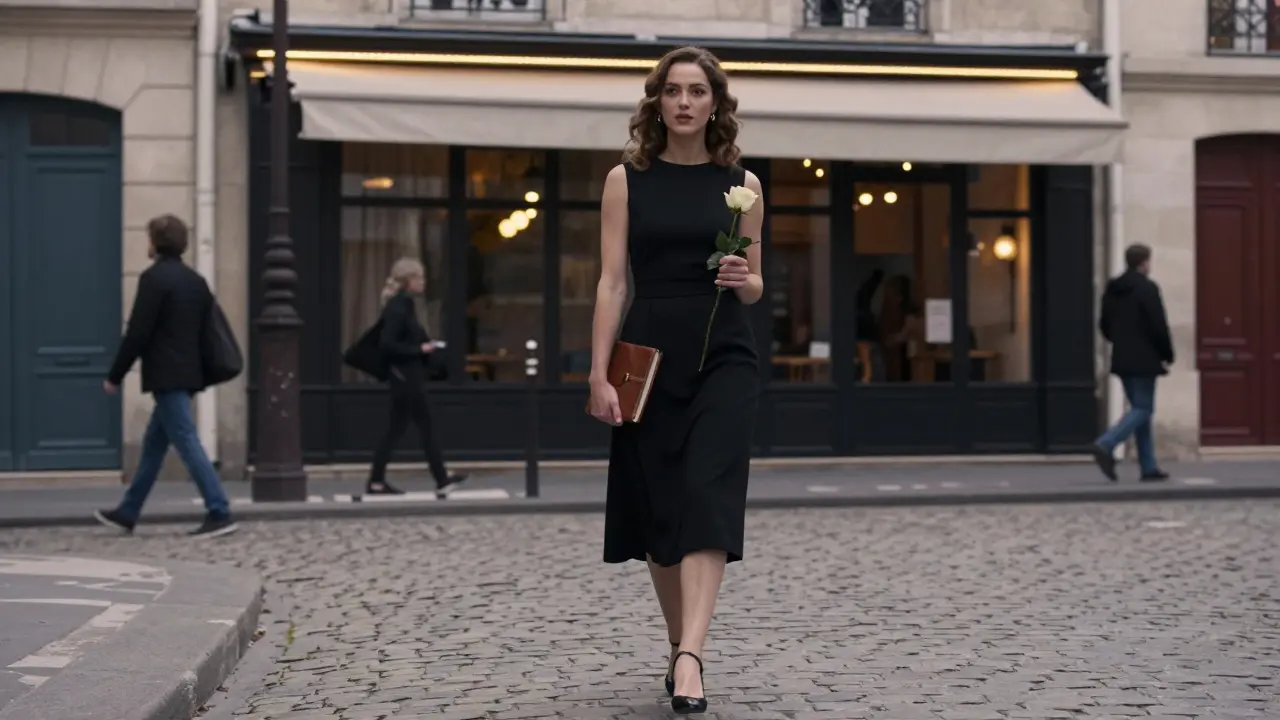 A confident woman walks through Saint-Germain at dusk holding a journal and a rose, bathed in golden light.