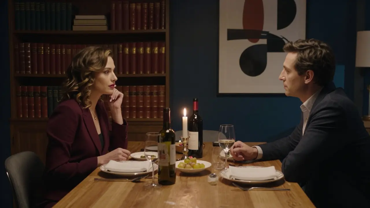 A couple shares an intimate dinner in a dimly lit Paris loft with candles, fine china, and modern art.