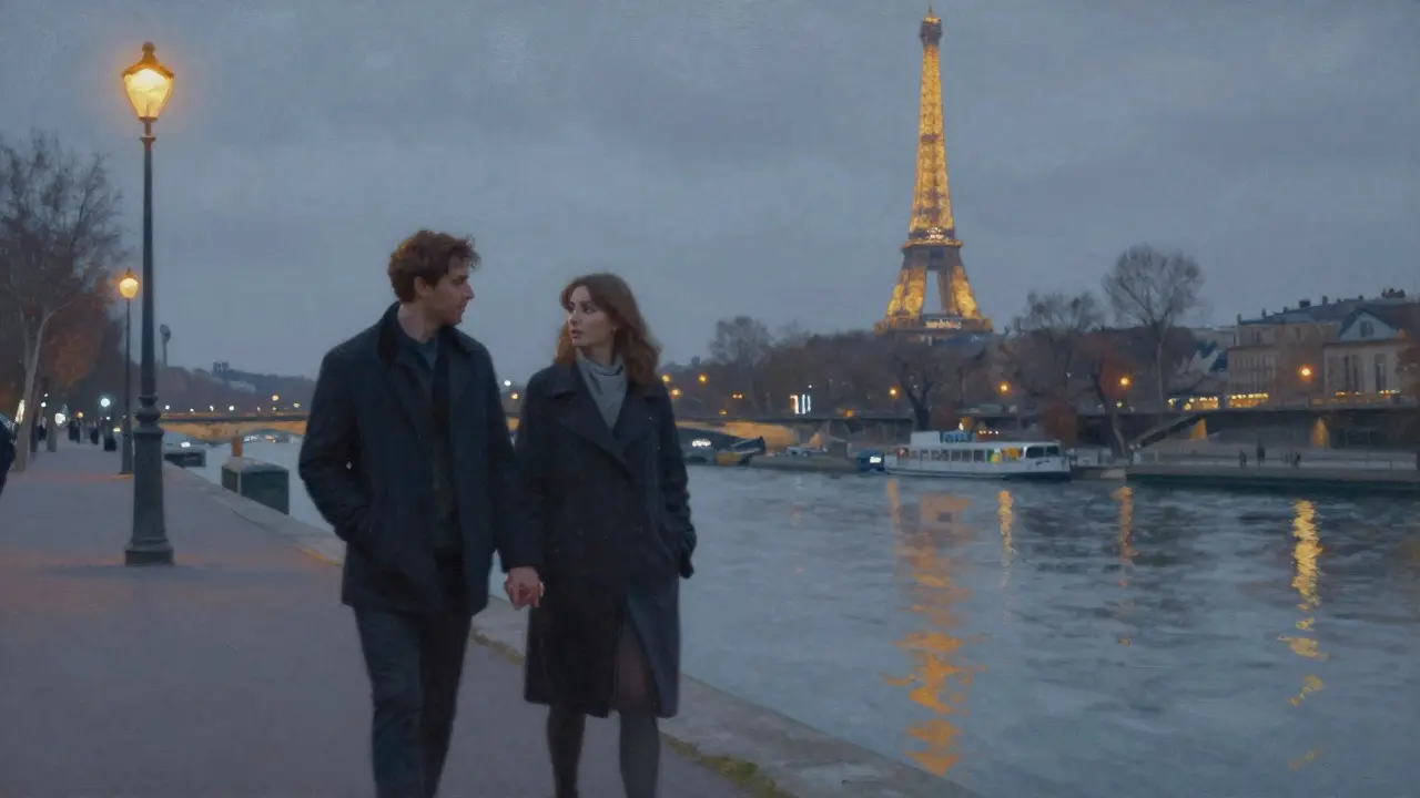 A couple walking along the Seine at dusk, the Eiffel Tower glowing in the background, calm and connected.