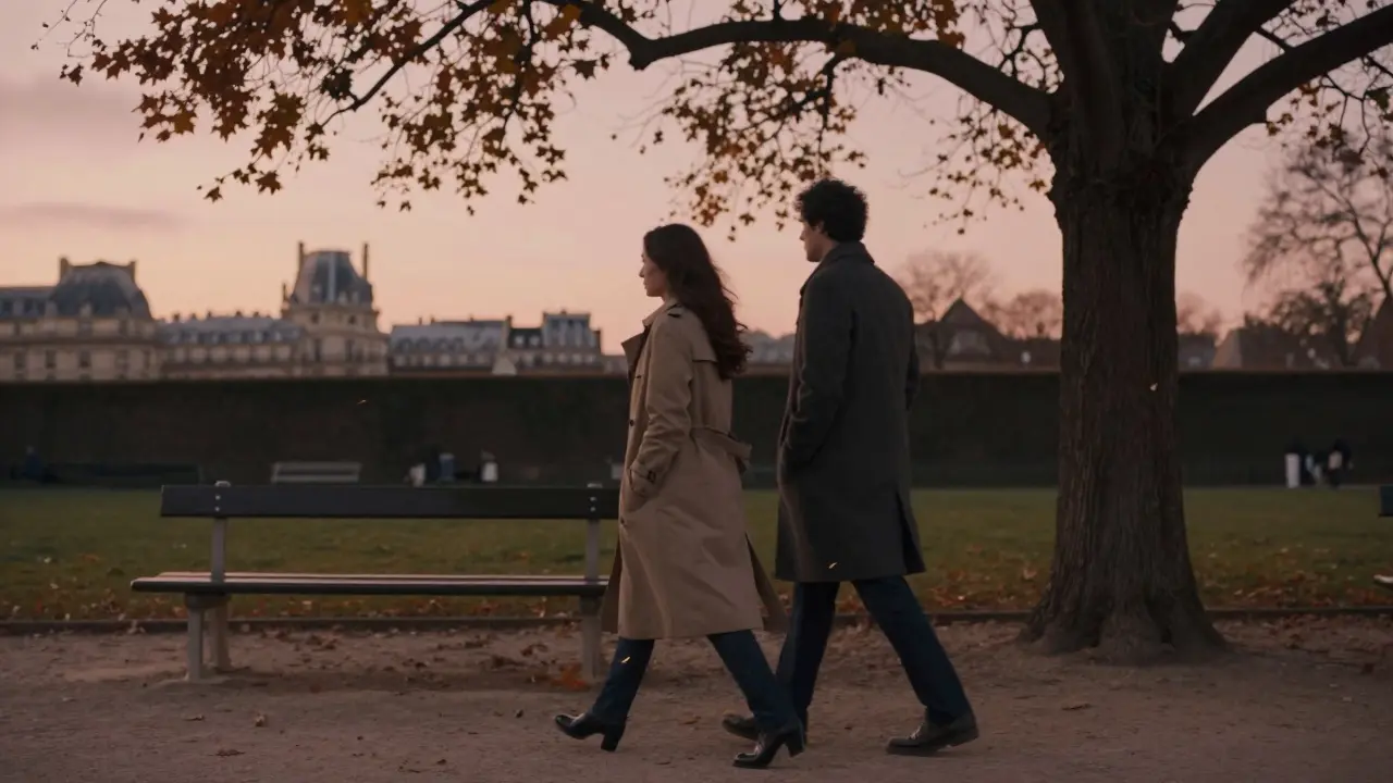 A couple walking through Parc Monceau at sunset, autumn leaves swirling around them in quiet companionship.
