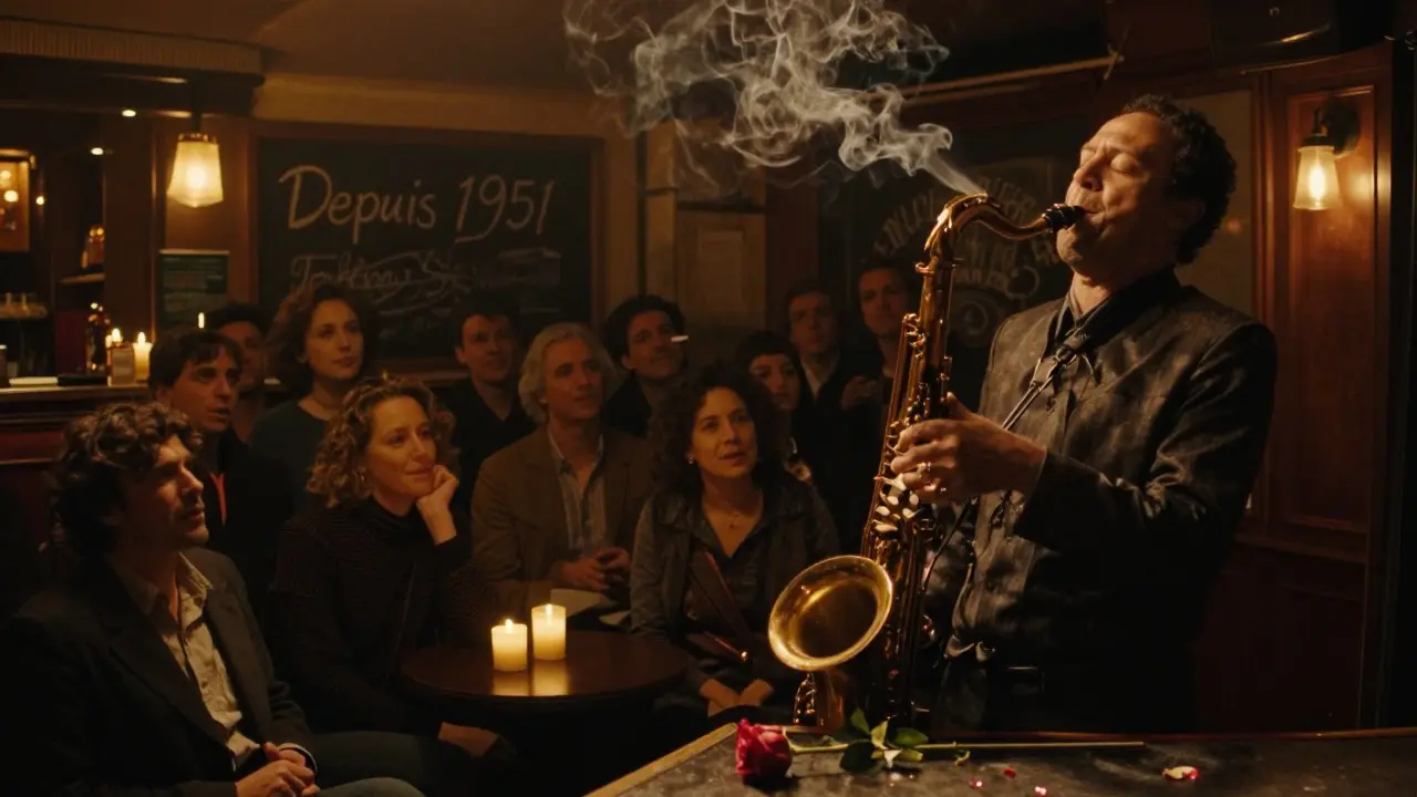 A dimly lit jazz club with a saxophonist playing as patrons sway under candlelight.