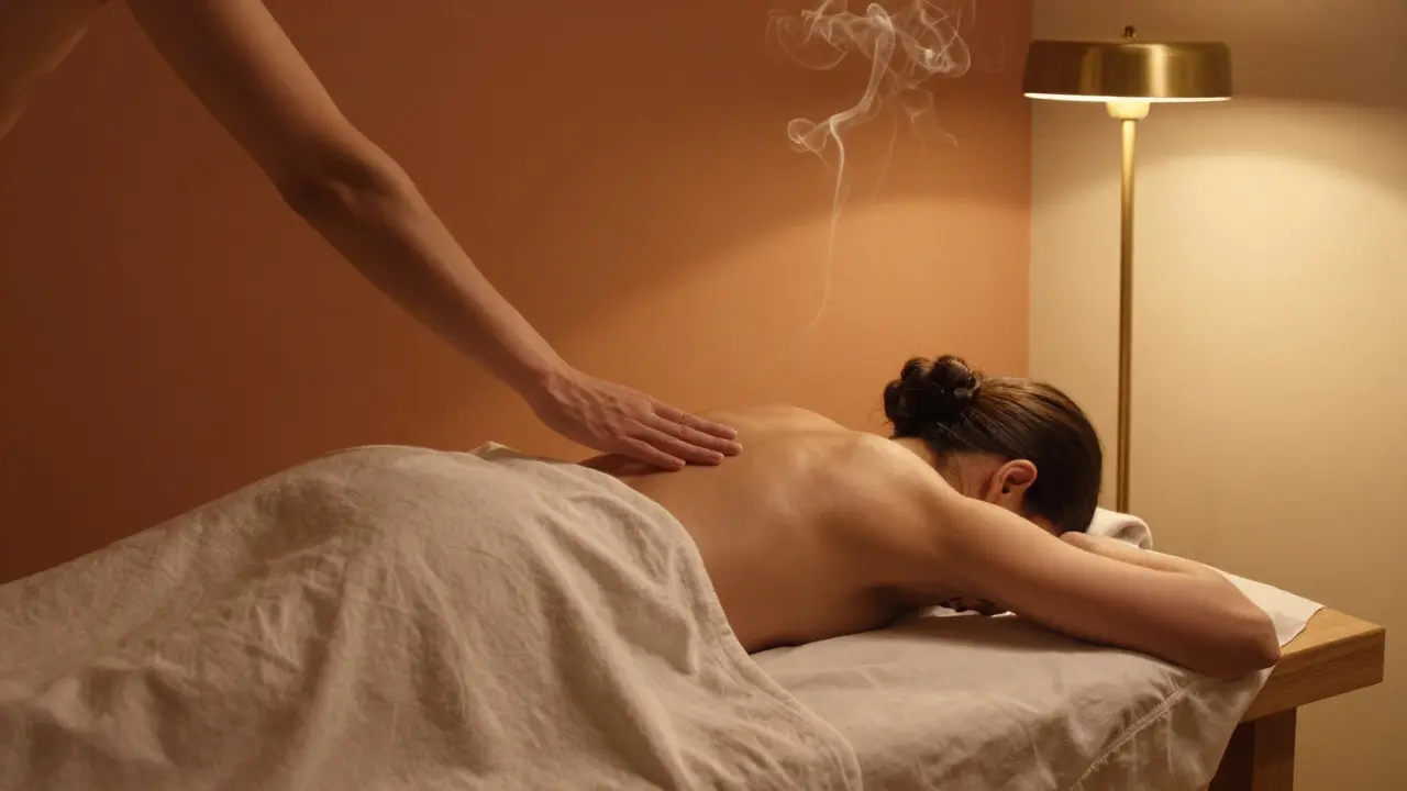 A discreet massage studio with golden light and incense, a person on a table under a silk sheet, serene and private.