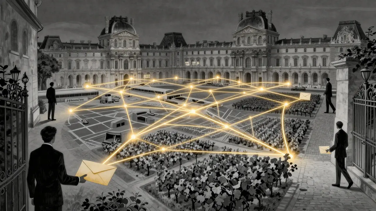 A golden network of influence linking Paris landmarks through shadowy figures passing sealed envelopes in alleyways.