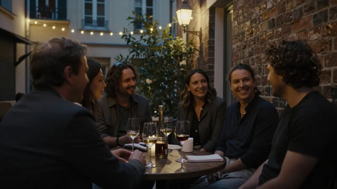 A hidden courtyard gathering in Paris, adults laughing softly under string lights, no faces visible, intimate and calm.
