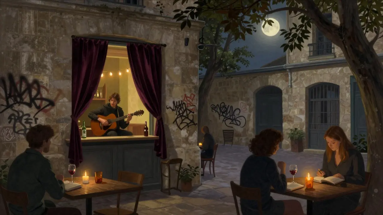 A hidden courtyard in Le Marais with a guitarist playing under fairy lights, patrons reading and sipping wine in soft candlelight.