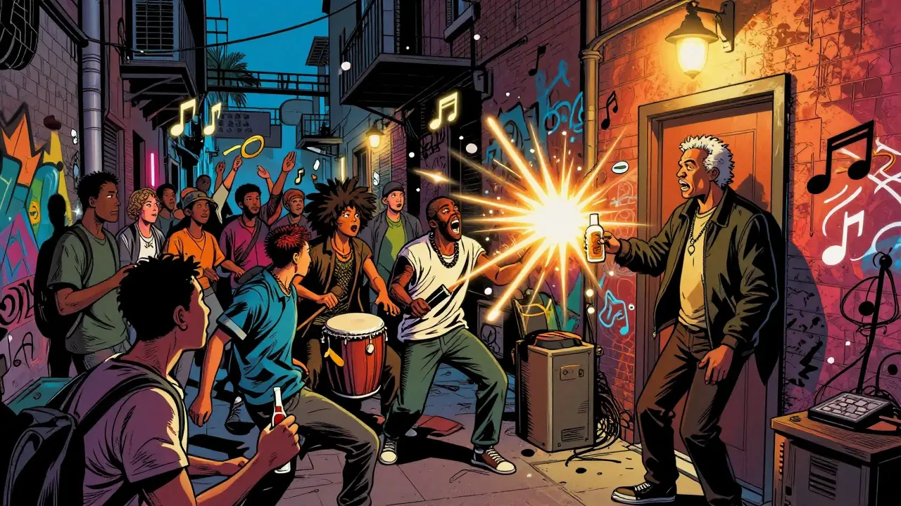 A lively alleyway party in Belleville at night with music bursting from a hidden venue, diverse crowds mingling under a flickering bulb.