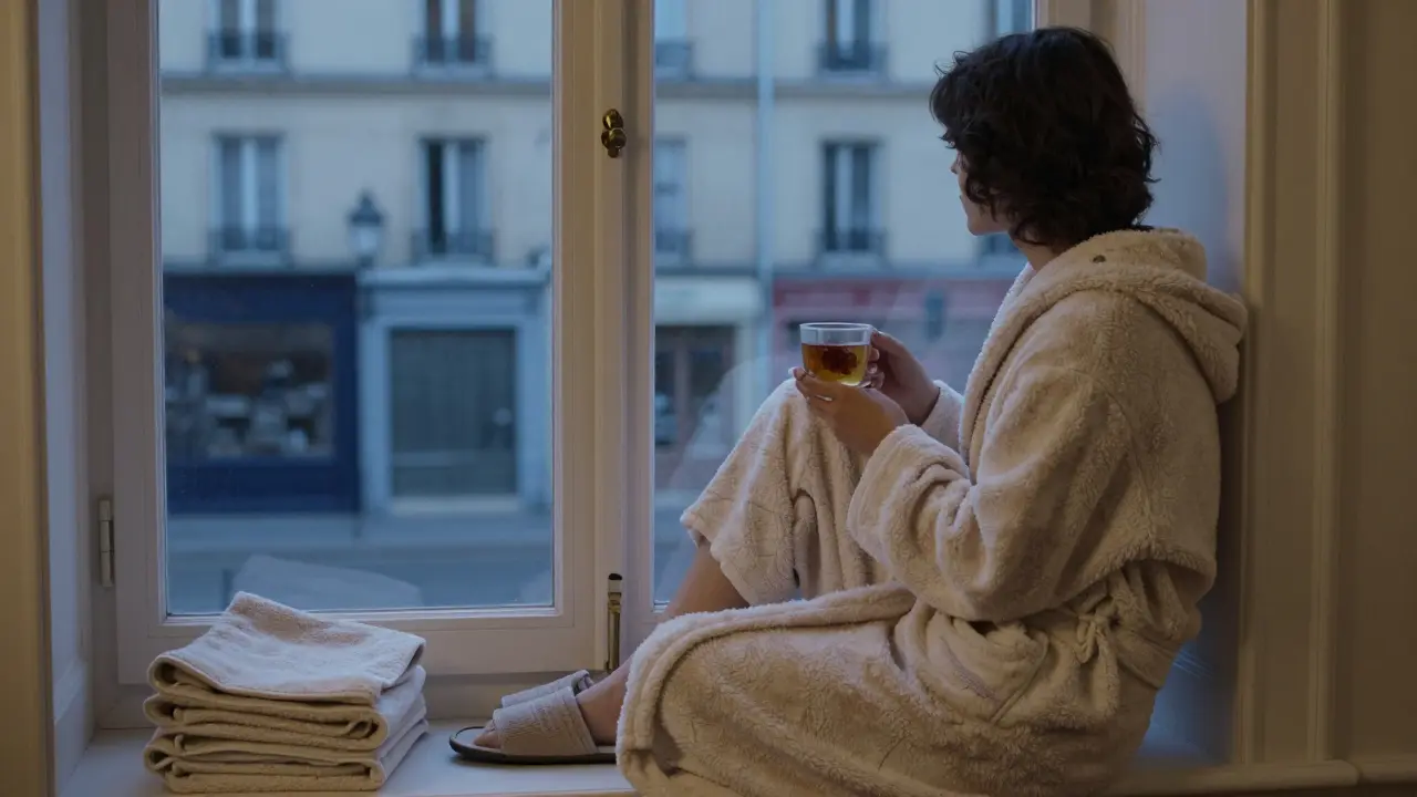 A person in a robe sipping tea by a window, finding peace after a quiet massage session.