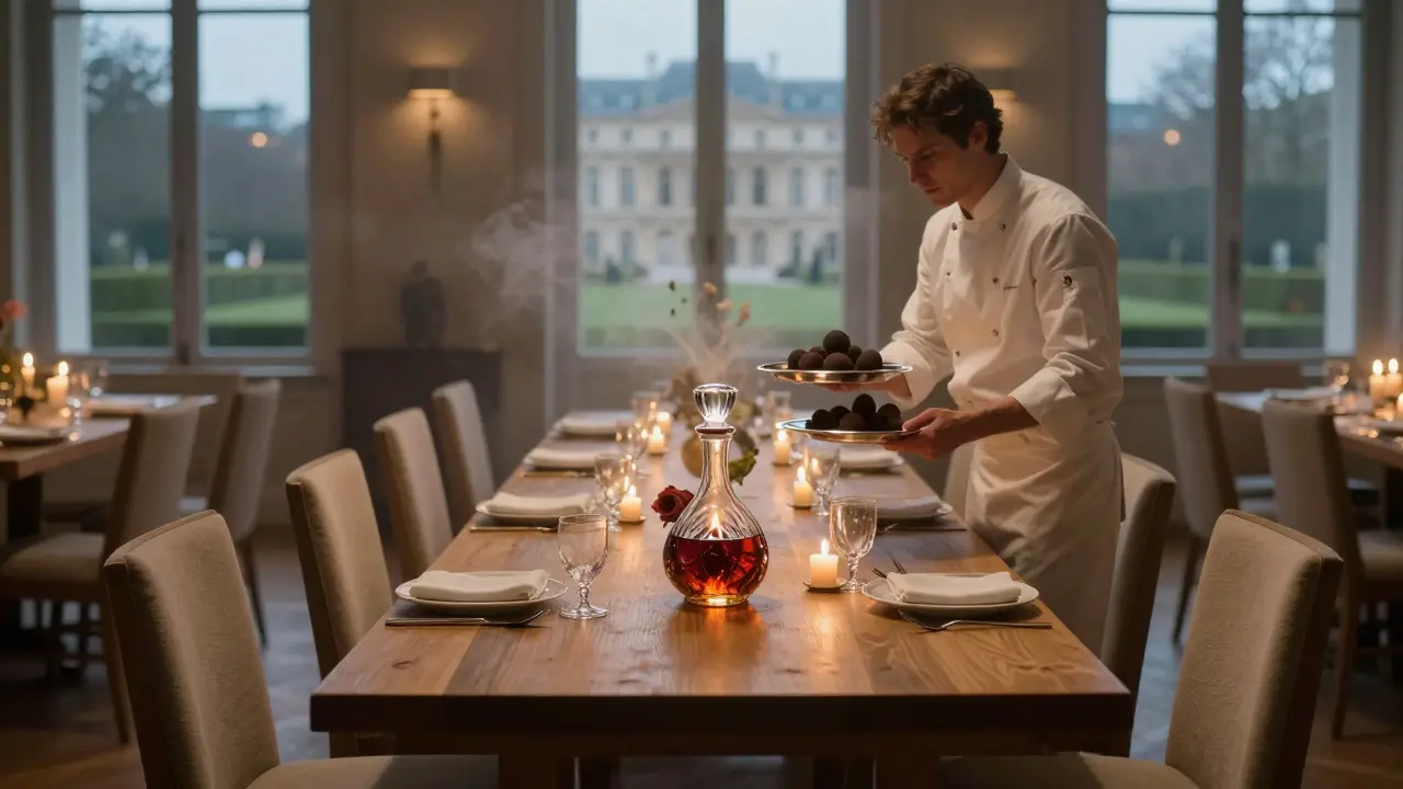 A private dining room with twelve empty chairs, a single rose, and candlelight reflecting off a crystal decanter of aged Armagnac.
