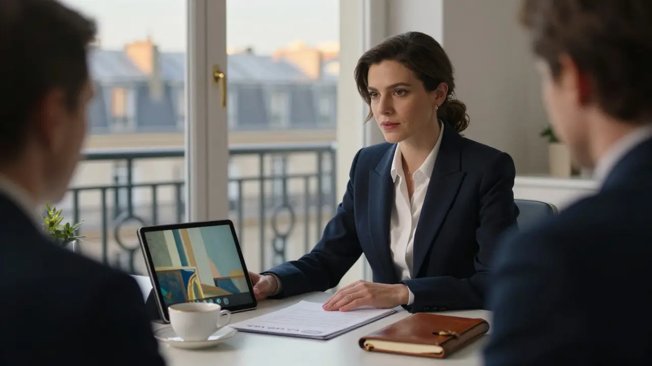 A professional woman conducts a confidential video consultation in a sleek Parisian office, teacup and consent form on the desk.