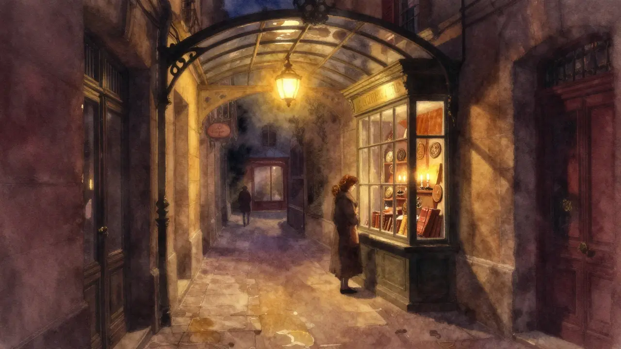 A quiet 19th-century glass-roofed passage at night, lit by vintage lamps and lined with antique bookshops.