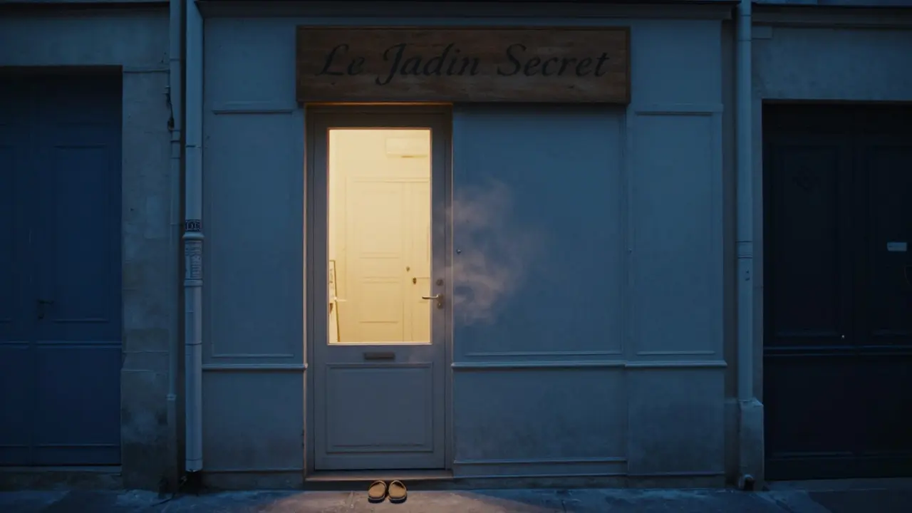 A quiet Parisian massage studio entrance at dusk with warm light glowing from inside and slippers outside.