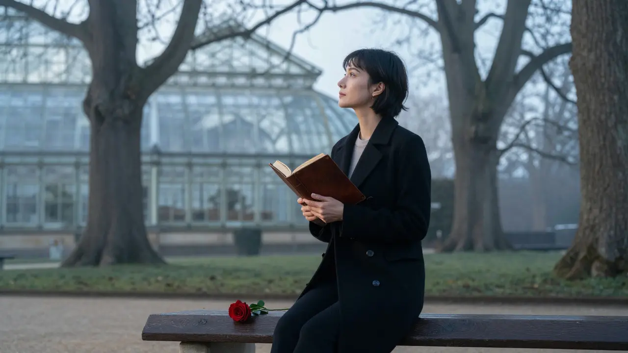 A refined woman stands peacefully in Jardin des Plantes, holding a book under morning mist.