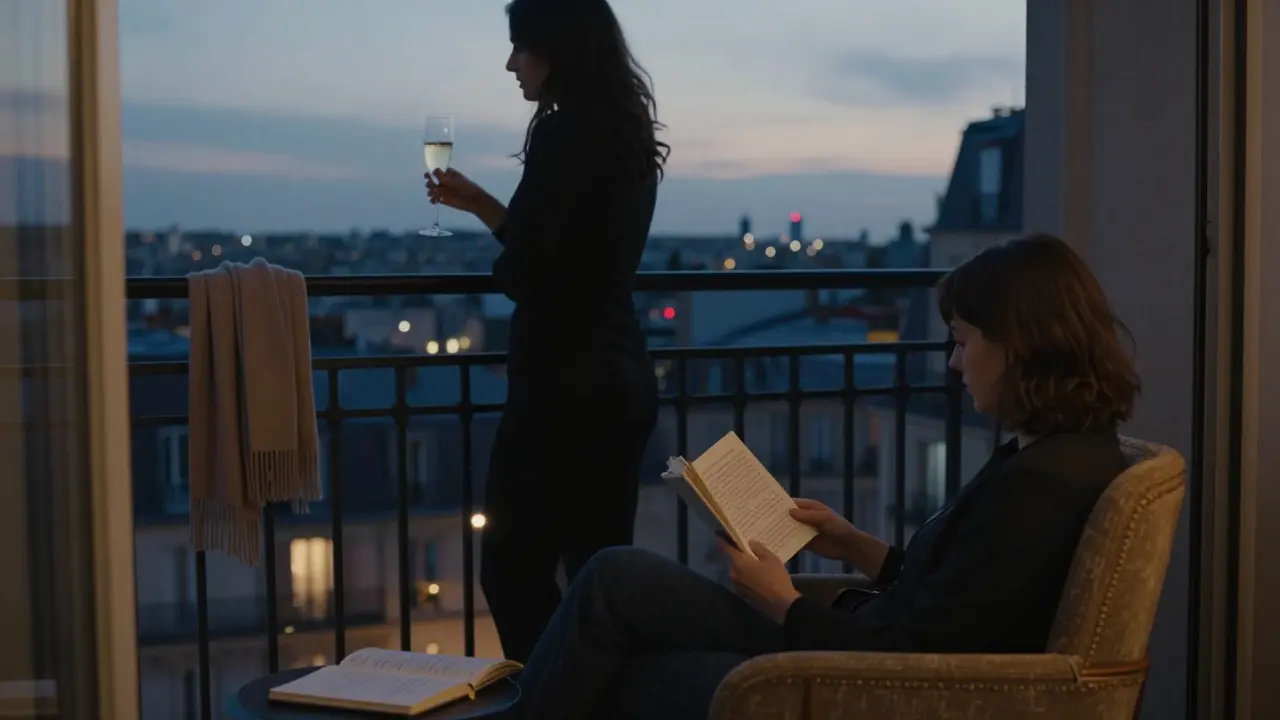 A serene balcony scene at twilight with two figures enjoying quiet companionship, Paris glowing softly behind them.