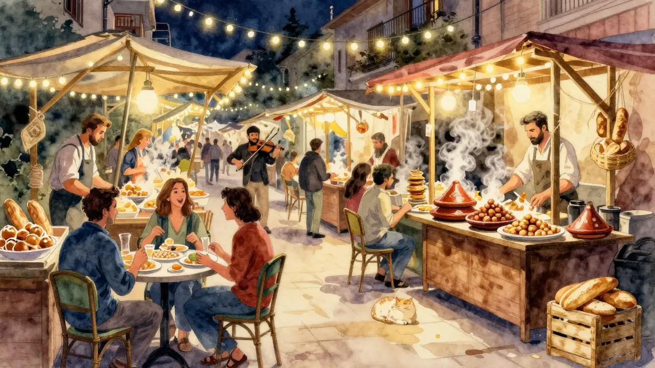 A vibrant night market with food stalls, string lights, and people sharing meals under lantern glow.