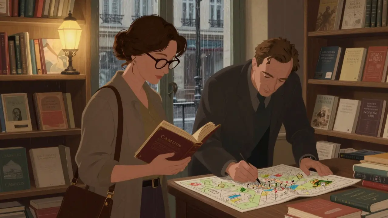 A woman and man browse a vintage Parisian bookstore, surrounded by books and warm lamplight.