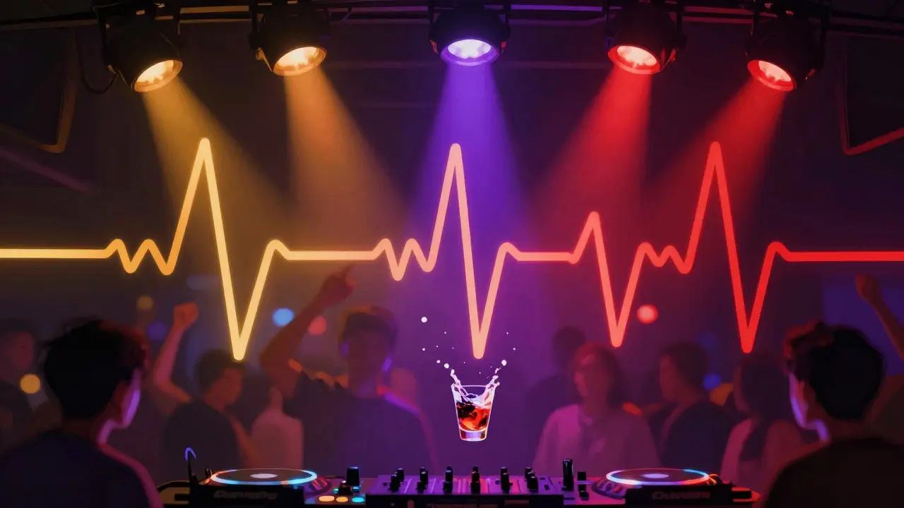 Abstract lighting system reacting to music with pulsing waves of red, violet, and amber in a nightclub.
