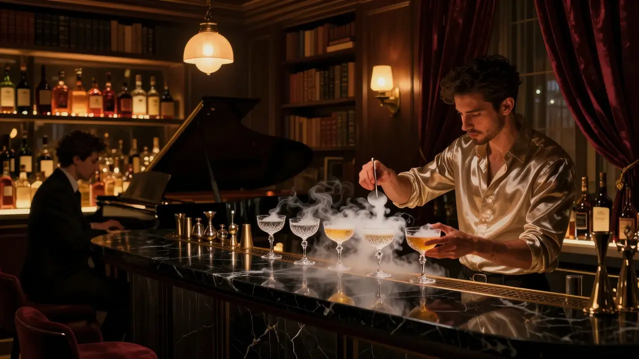 An elegant cocktail lounge with a black marble bar, crystal glasses, and a jazz pianist in the corner, bathed in warm, low lighting.