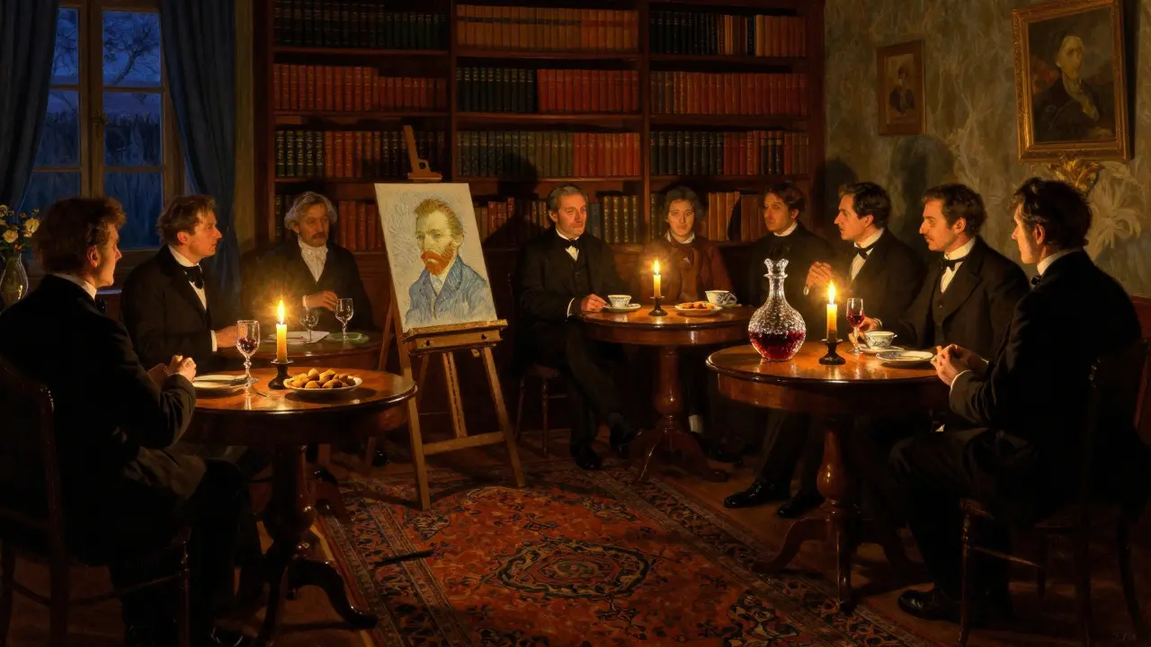 An intimate candlelit salon with a Van Gogh sketch on display, figures in formal wear in silent conversation.