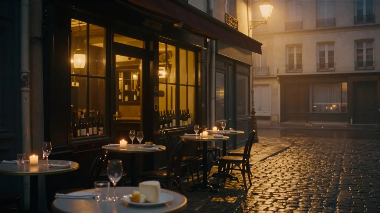 Candlelit wine bar terrace in Le Marais after midnight, with glowing shop windows and wet cobblestones.