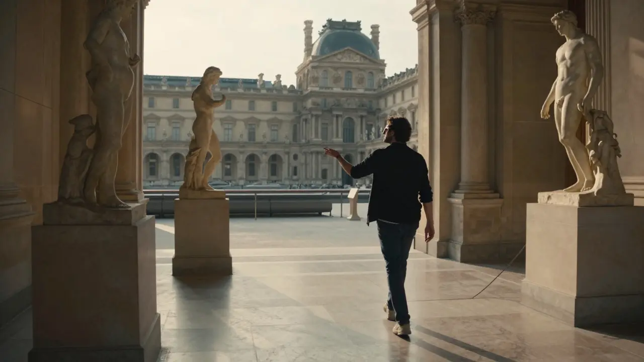 Cultural companion explaining art at the Louvre to a thoughtful visitor.