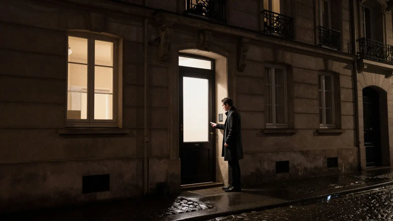 Dimly lit Paris building at night, man hesitating at entrance, warm light from a window, atmosphere of quiet trust.